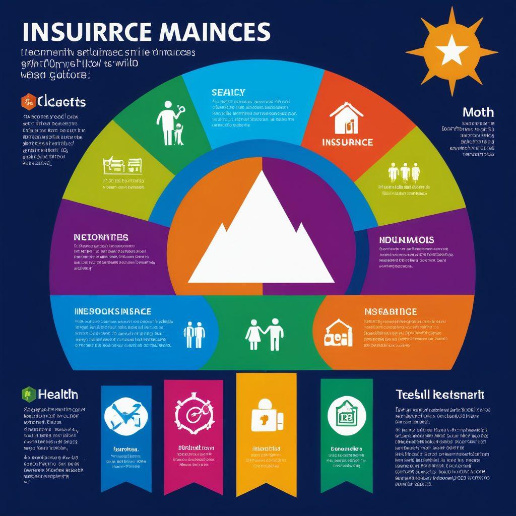 A visually striking comparison chart displaying various insurance policies with icons representing health, auto, and home insurance. Each policy features a vibrant star rating system and highlighted potential savings. In the background, a family happily reviewing documents with calculators and laptops, symbolizing informed decision-making. Bright colors and engaging graphics to enhance readability and interest. modern infographic style. vibrant colors.