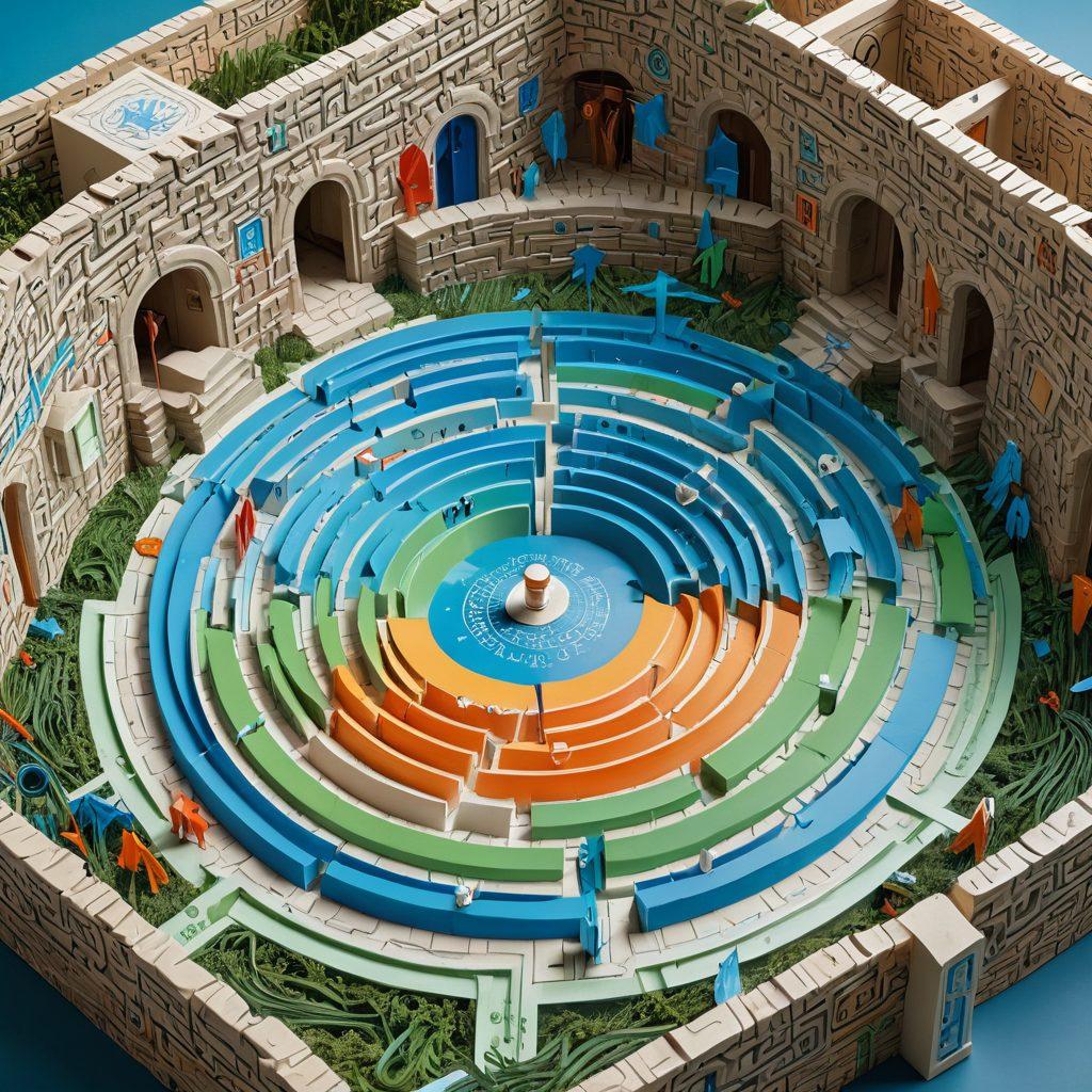 A labyrinth made of insurance policy documents, with vibrant arrows pointing towards affordable rate options and coverage symbols scattered throughout. In the background, a guiding compass representing navigation through financial choices and decisions. Bright, inviting colors to create an engaging atmosphere. super-realistic. vibrant colors. 3D.
